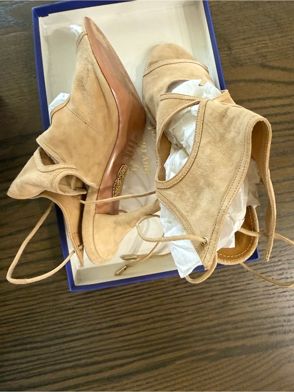 Aquazzura Suede Lace-Up Peep Toe Heels in Tan